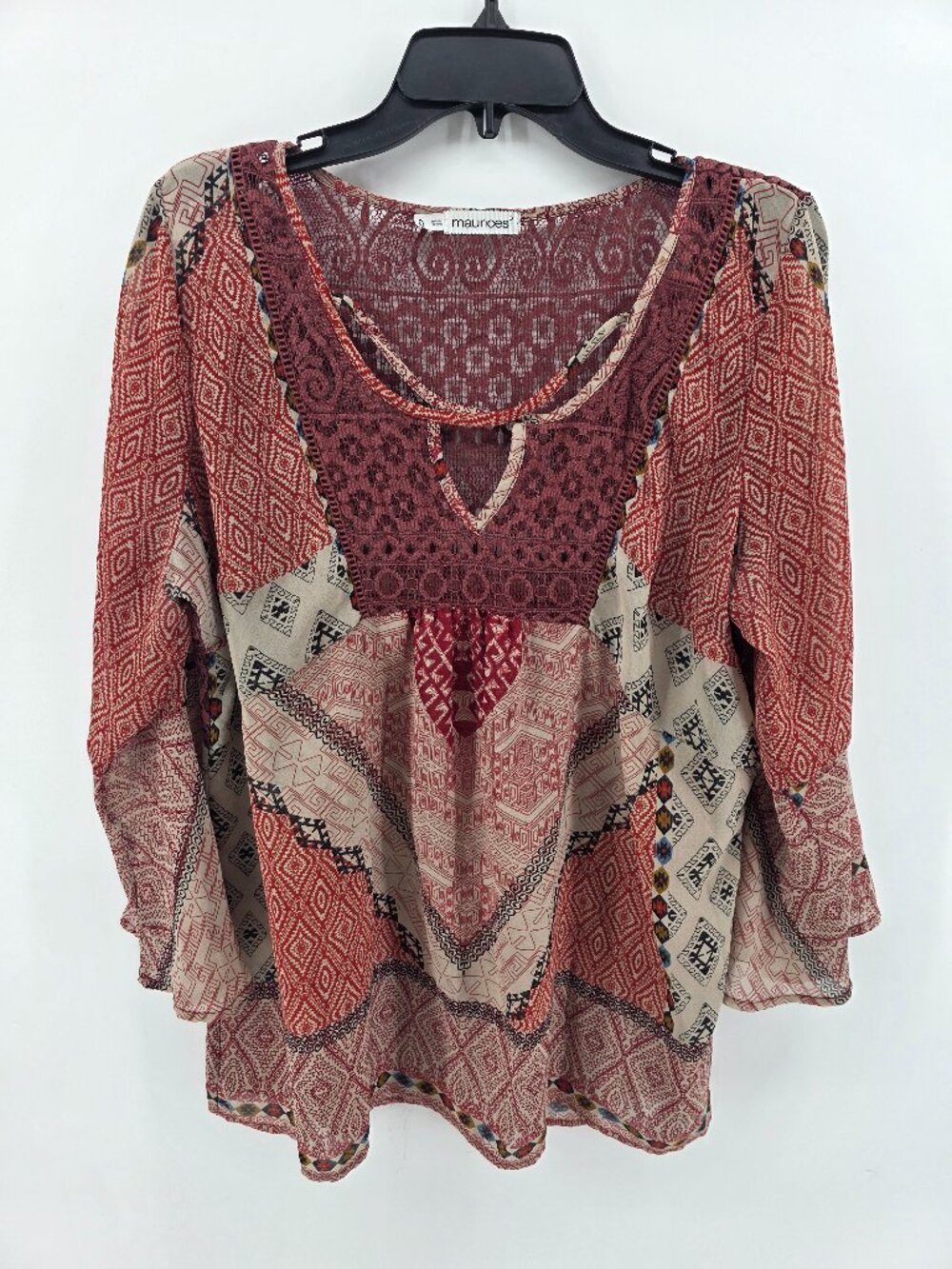 Maurices Red Boho Aztec Print Lace‎ Yoke Blouse Size 0X Bell Sleeve